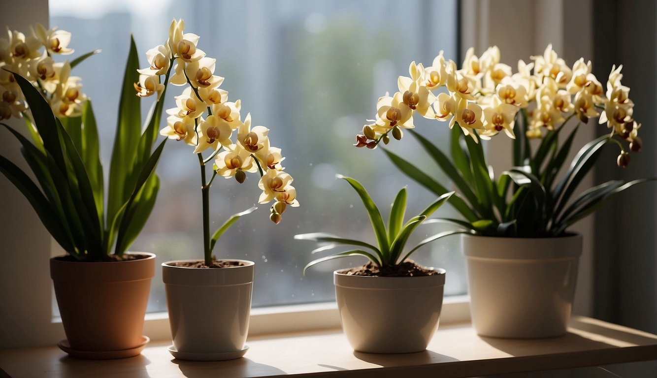 A bright, well-lit room with a table holding a potted Cymbidium Aloifolium orchid.

The plant is positioned near a window, receiving indirect sunlight. A small watering can and a bag of orchid fertilizer are nearby