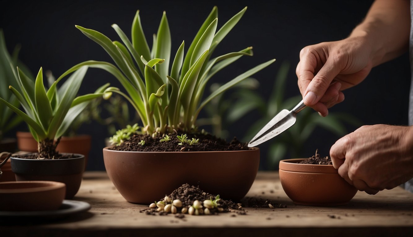 A pair of hands holding a small, healthy "Cymbidium Aloifolium" orchid plant.

A potting mix, a new pot, and a trowel are nearby, ready for repotting