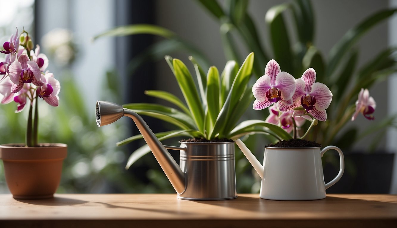 A hand holding a watering can, gently watering a potted Cymbidium Aloifolium orchid.

A small pair of pruning shears and a bag of orchid fertilizer sit nearby