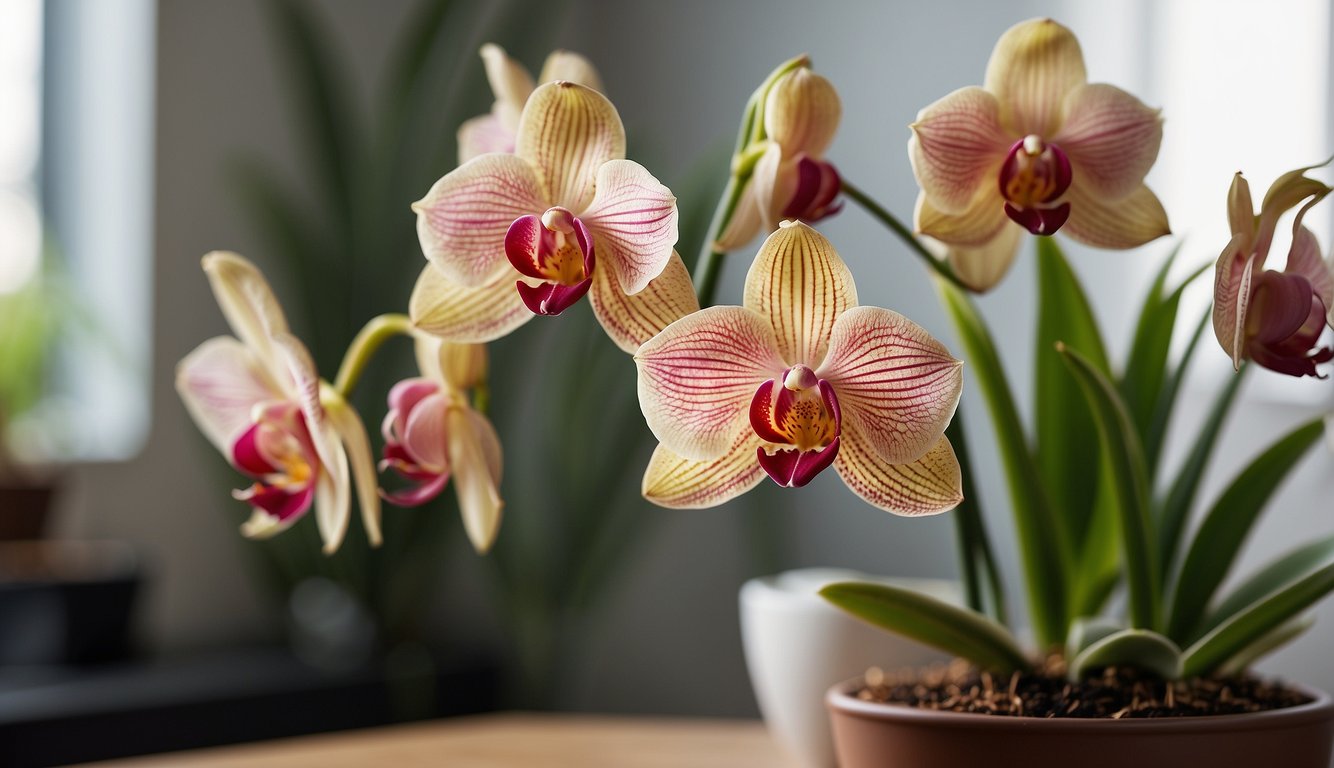 A vibrant cymbidium aloifolium orchid sits in a well-lit room, surrounded by a variety of care tools and supplies.

A care guide book is open nearby