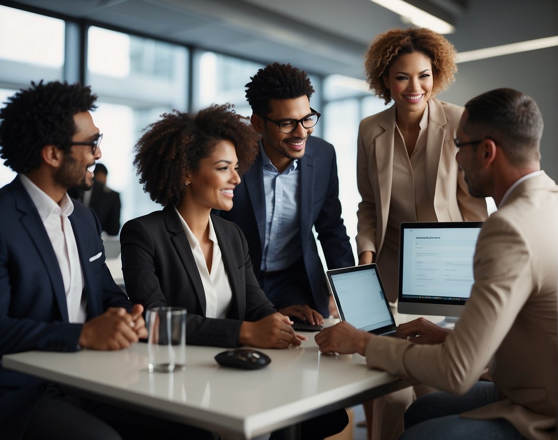 A group of diverse professionals gathered around a computer, exchanging ideas and collaborating on IT recruitment strategies