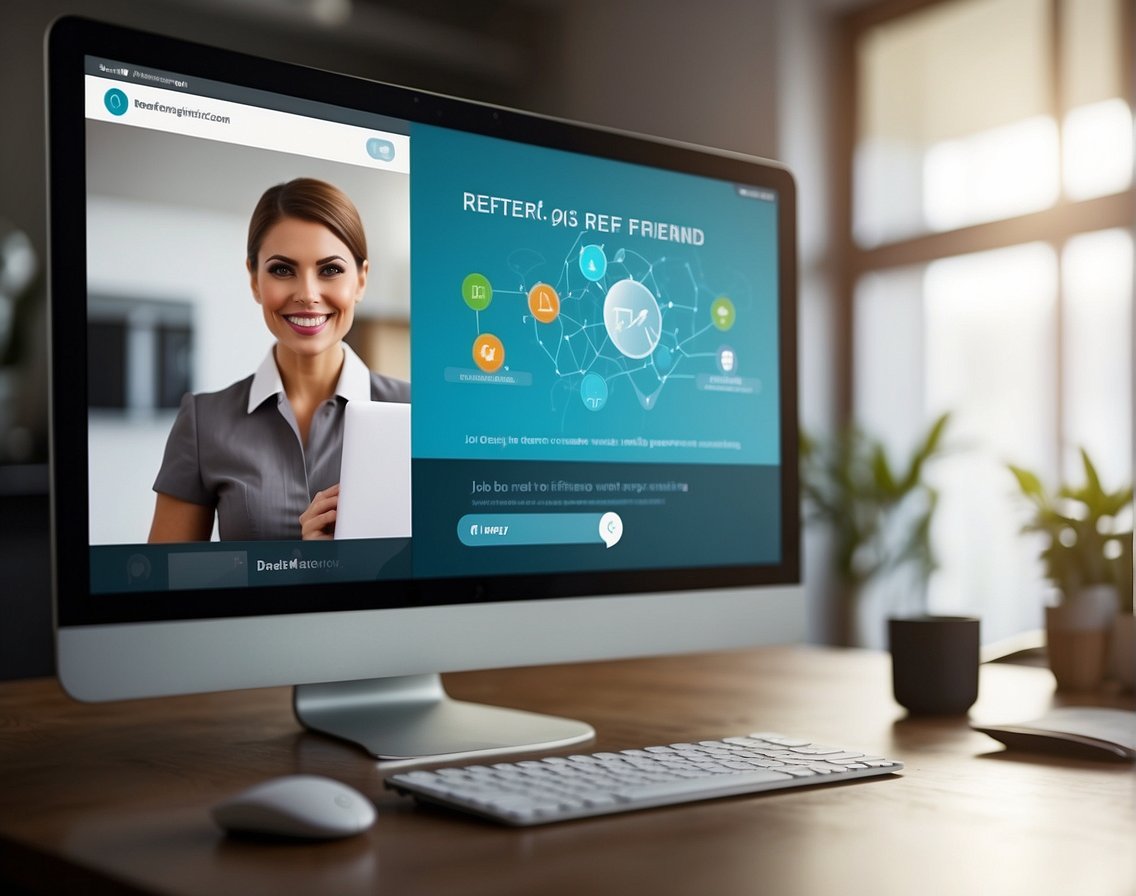 A computer screen displaying a job listing with a "Refer a Friend" button. A network of interconnected devices symbolizing the reach of the IT recruitment referral program