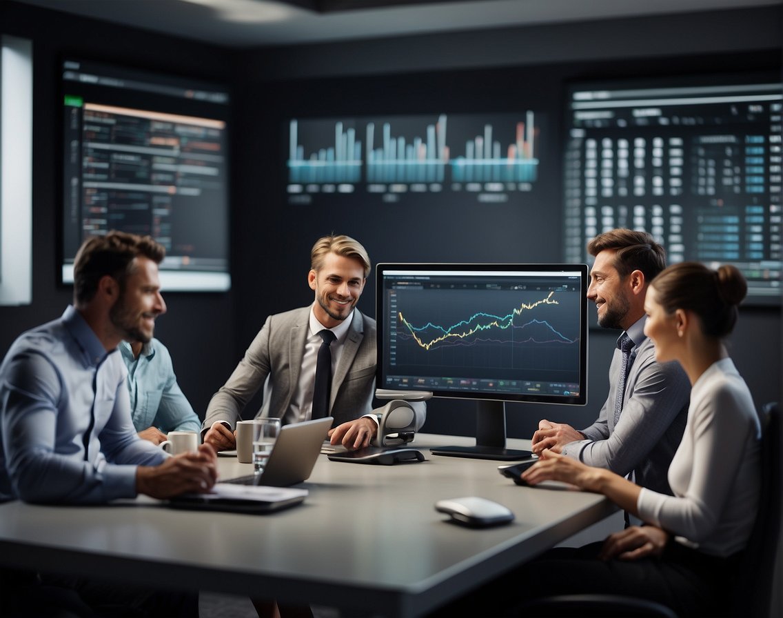 A group of professionals gather around a computer, discussing the benefits of a company's referral program for IT recruitment. Graphs and charts on the screen show increased productivity and cost savings