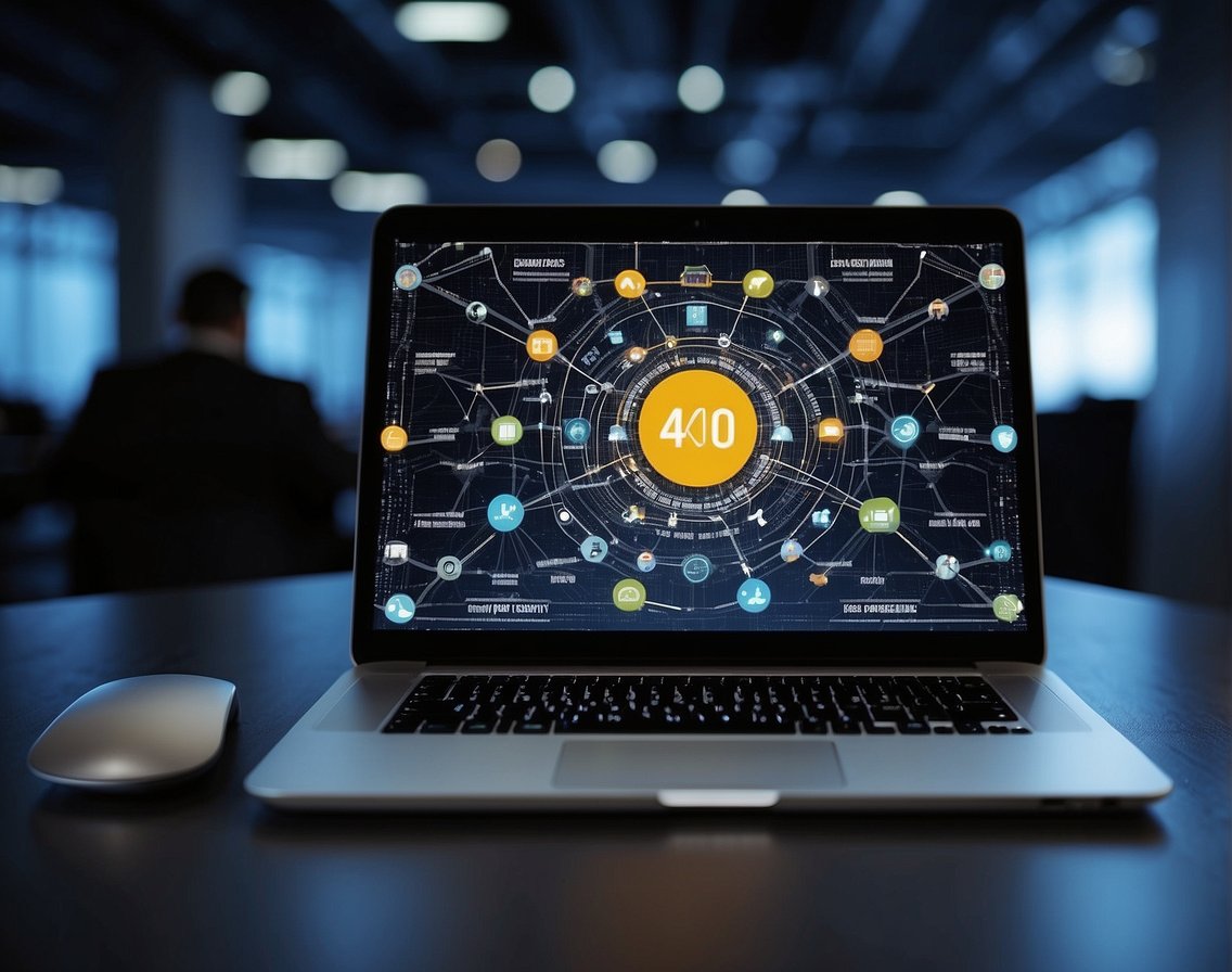 A computer screen displaying the benefits of a referral program in IT recruitment, with a network of interconnected nodes representing successful referrals