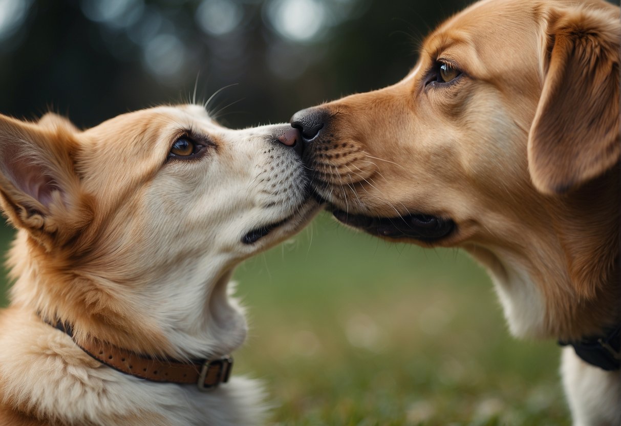 A dog licking another dog's ear, illustrating the behavior of licking and the curiosity behind why dogs lick their owners' ears