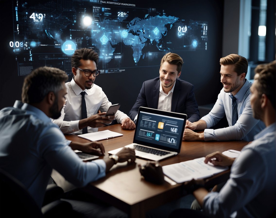 A group of IT professionals collaborating on innovative recruitment strategies, brainstorming and implementing cutting-edge technology solutions