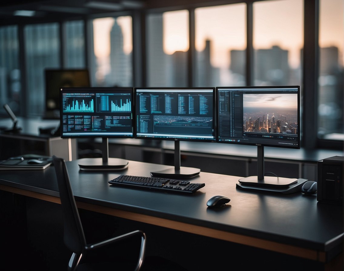 An office setting with computer screens, job postings, and networking events, showcasing the competitive landscape of IT recruitment