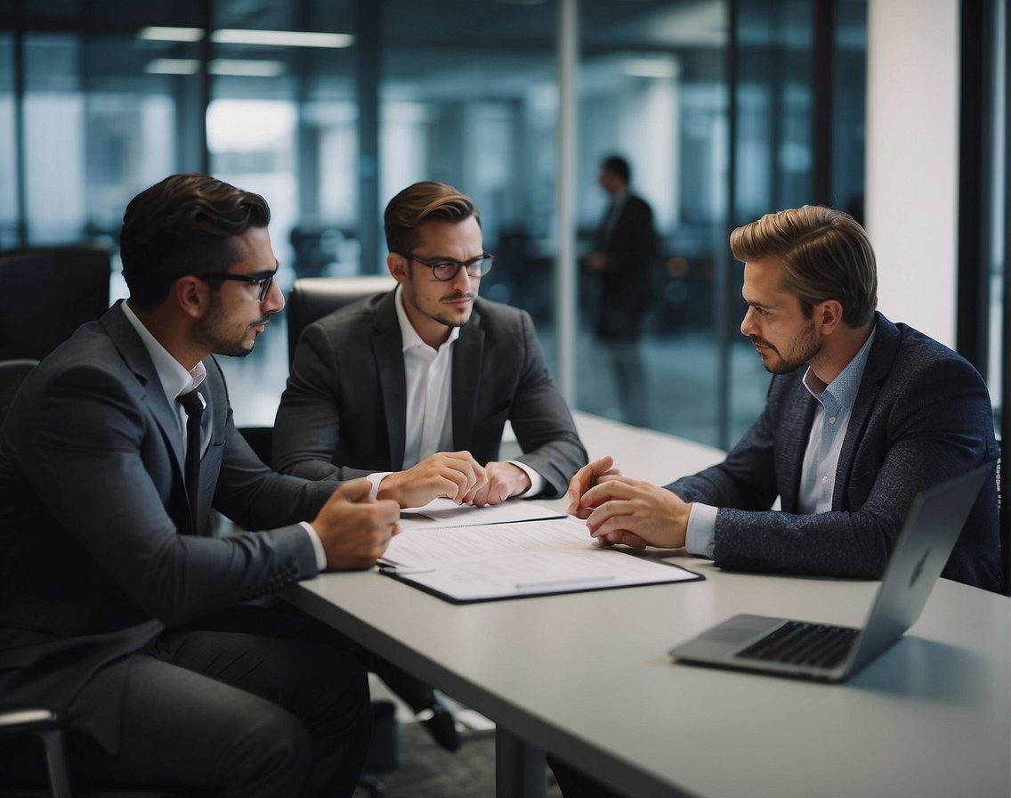 A team of IT professionals strategizing and brainstorming to develop a strong recruitment plan, aiming to gain a competitive advantage in the IT recruitment industry