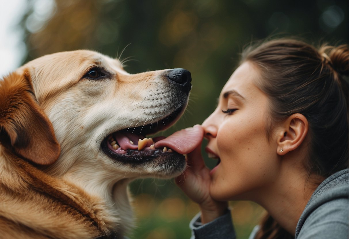 A dog licking a person's ear with a curious expression