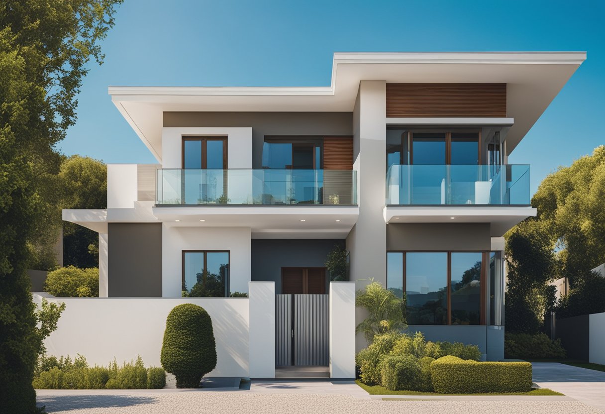 A house with a new, modern roof stands tall against a clear blue sky, surrounded by well-maintained landscaping and a fresh coat of paint