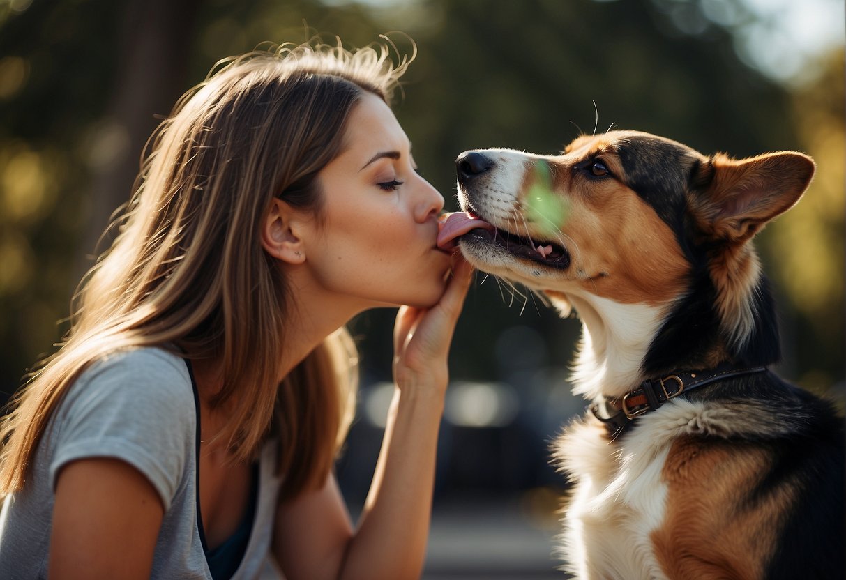 A dog licking the ear of a person sitting or standing, with a curious or affectionate expression on its face