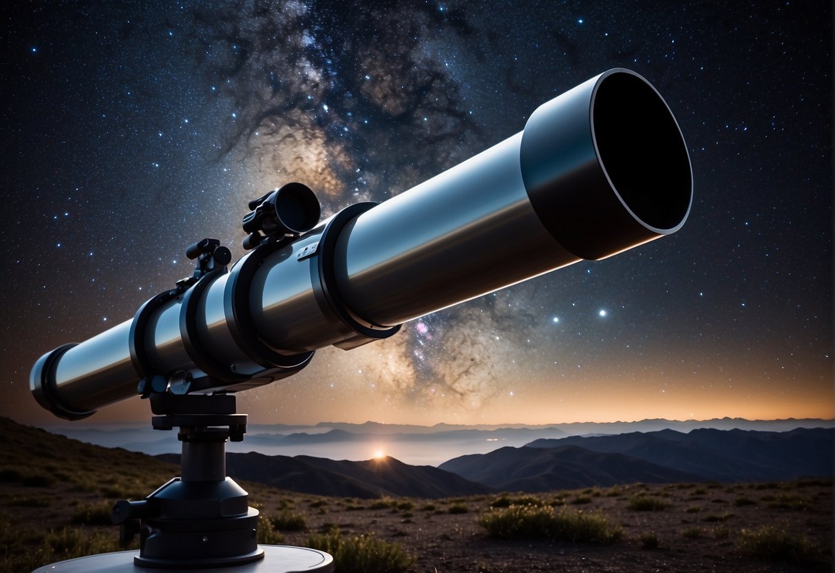 Euclid Mission -A telescope points towards the night sky, capturing mysterious cosmic phenomena. Bright stars and swirling galaxies fill the vast expanse, hinting at the presence of elusive dark matter and dark energy