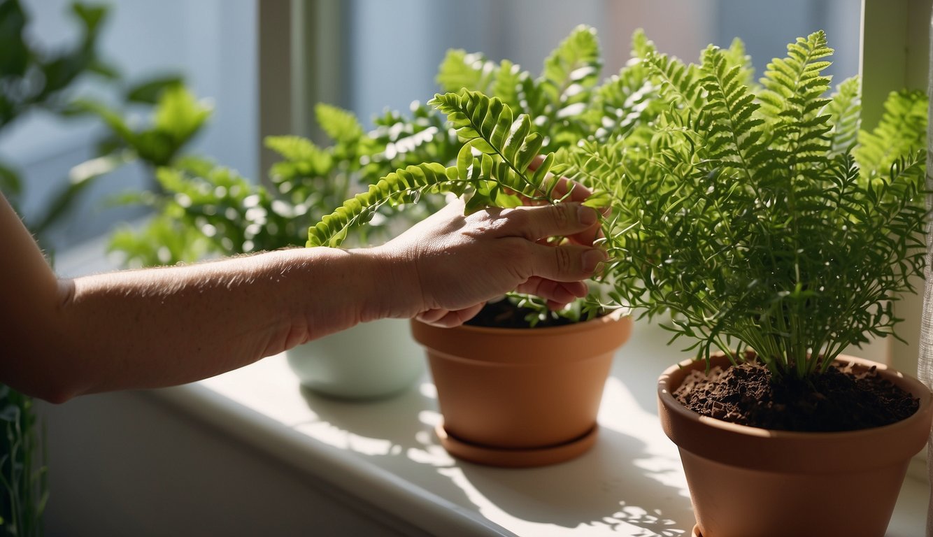A pair of hands carefully tending to a lush, green holly fern, watering and trimming the delicate fronds.

The plant sits in a decorative pot on a sunny windowsill, thriving in its well-cared-for environment