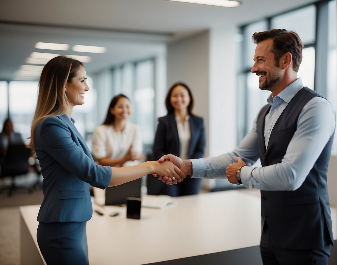 A smiling candidate receiving a warm welcome from a professional team in a bright, modern office setting