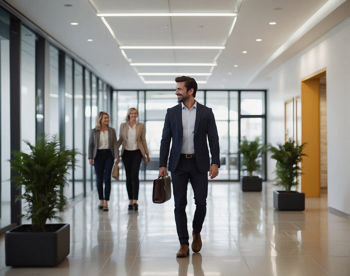A candidate walking into a bright, modern office with friendly staff greeting them. A comfortable waiting area with refreshments and informative materials