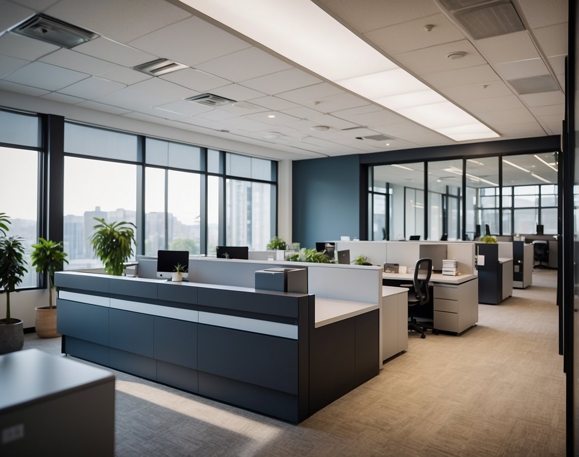 A bright, open office space with a friendly reception area and modern technology. Smiling employees engage with candidates, creating a positive atmosphere