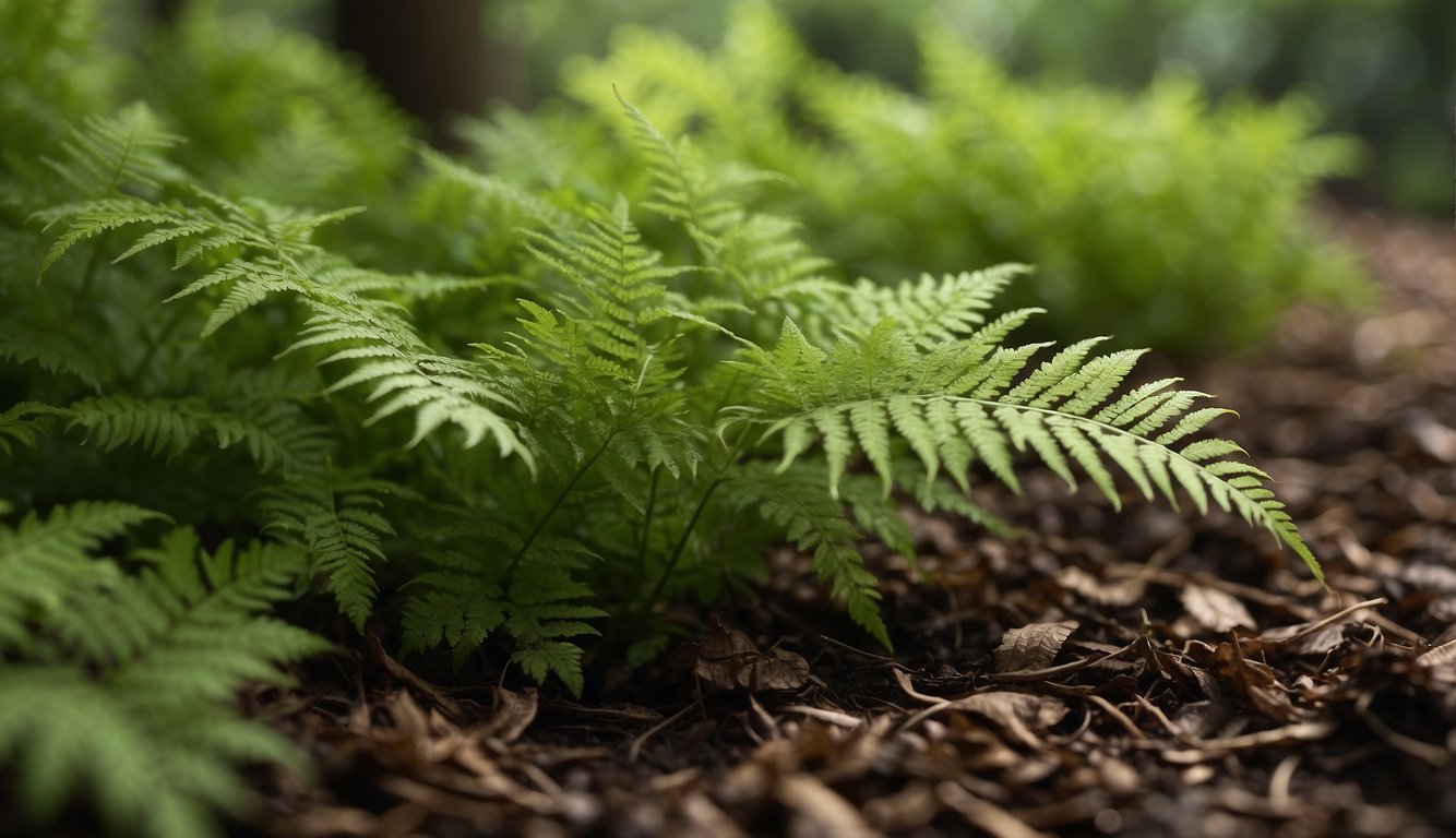 A lush green Cyrtomium falcatum fern thrives in a shaded garden, surrounded by mulch and moisture.

A beginner's guide book lays open nearby