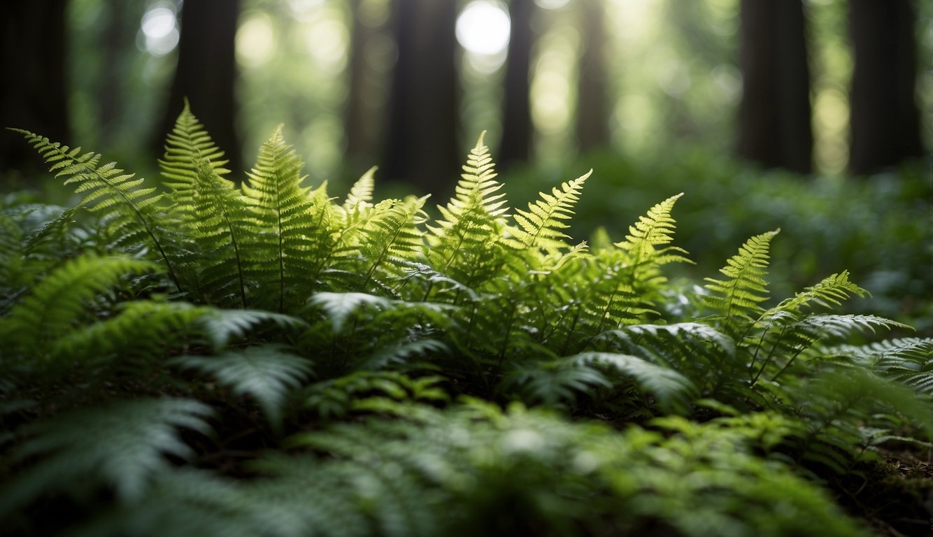 A lush, green forest floor with dappled sunlight filtering through the canopy.

A cluster of Cyrtomium falcatum ferns stands out, with their glossy, serrated fronds and distinctive holly-like appearance