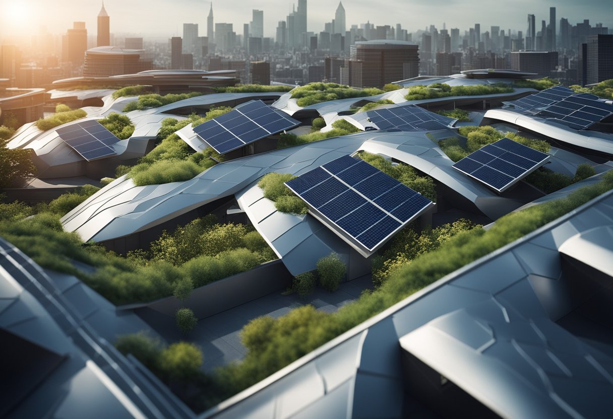 A futuristic city skyline with sleek, innovative roofing designs. Solar panels, green roofs, and cutting-edge materials create a visually stunning and sustainable landscape