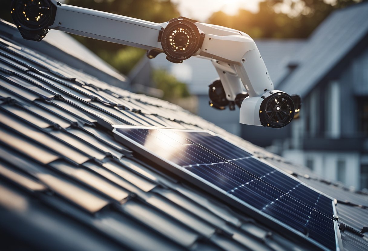 A robotic arm installs solar shingles on a futuristic, energy-efficient roof. Drones inspect the seamless, durable materials