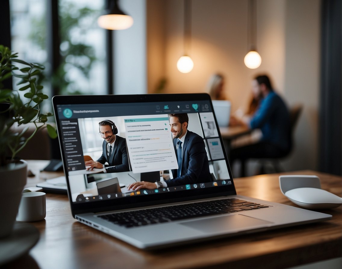 A person working remotely on a laptop with IT recruitment-related documents and a virtual team meeting in the background