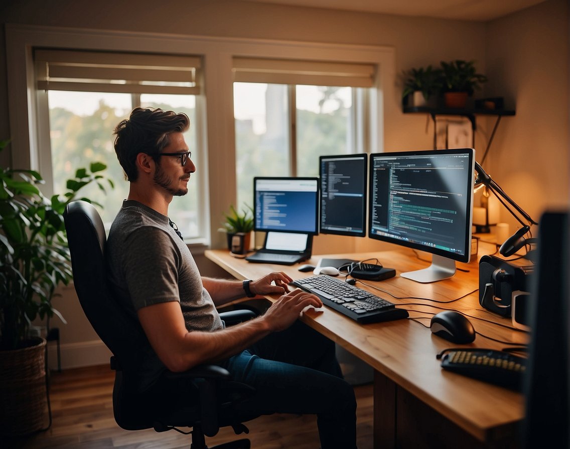 A person working on a computer from a cozy home office, surrounded by technology and with a sense of anticipation for remote work opportunities in the IT industry