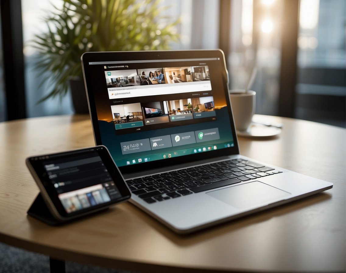 A laptop, tablet, and smartphone sit on a desk, with a virtual meeting in progress on the screens. The room is filled with natural light, creating a modern and efficient workspace