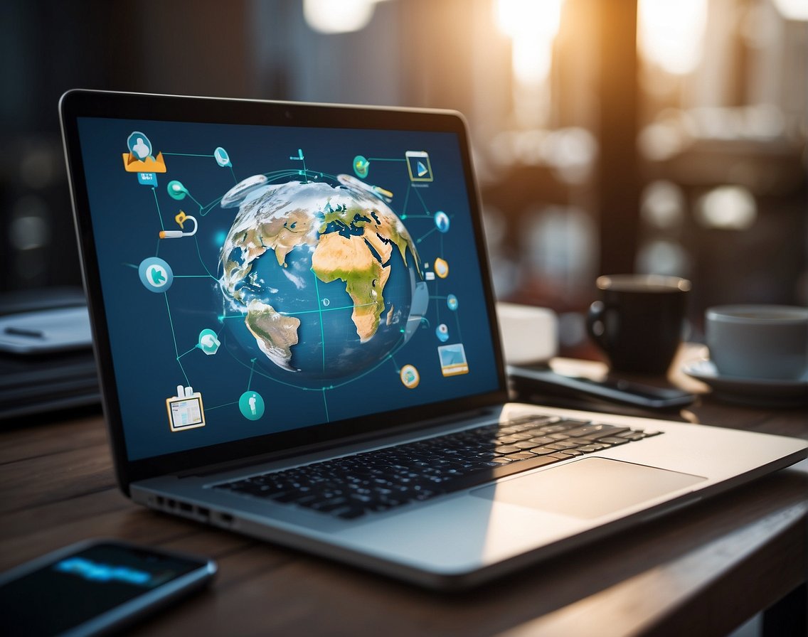 A laptop surrounded by virtual communication tools, with a globe in the background, representing remote work and its impact on IT recruitment