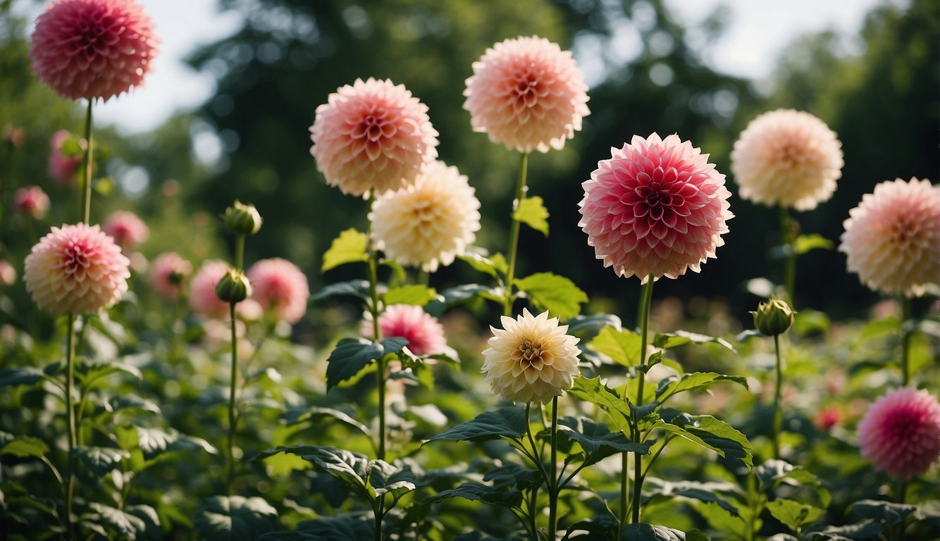 A garden filled with towering tree dahlias, their long stems reaching towards the sky.

Lush green leaves and vibrant blooms create a stunning display of natural beauty