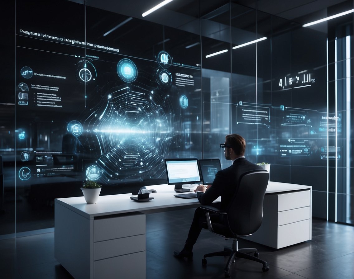 New technology impacting IT recruitment: A futuristic office setting with holographic job postings and virtual reality interviews. Digital devices and AI algorithms streamline the hiring process