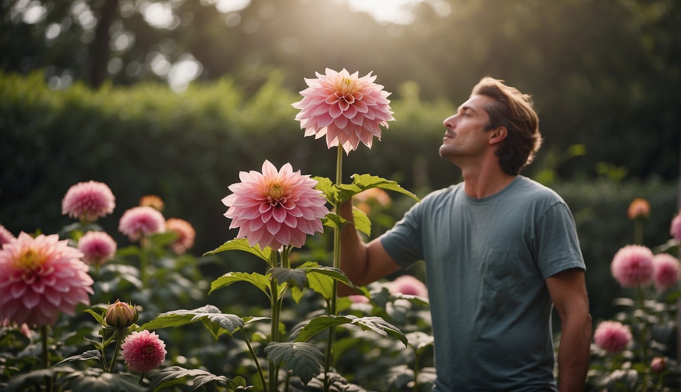 A towering Dahlia Imperialis stands tall, its vibrant pink blooms reaching towards the sky.

Surrounding it, a gardener carefully tends to the plant, providing the necessary care and maintenance to ensure its continued beauty