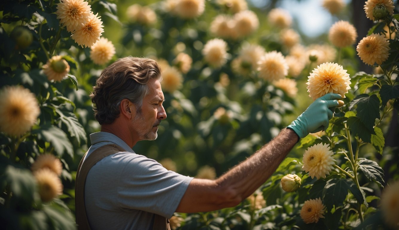 A gardener inspecting towering tree dahlias for signs of pests and disease, while applying organic remedies to maintain their health and beauty