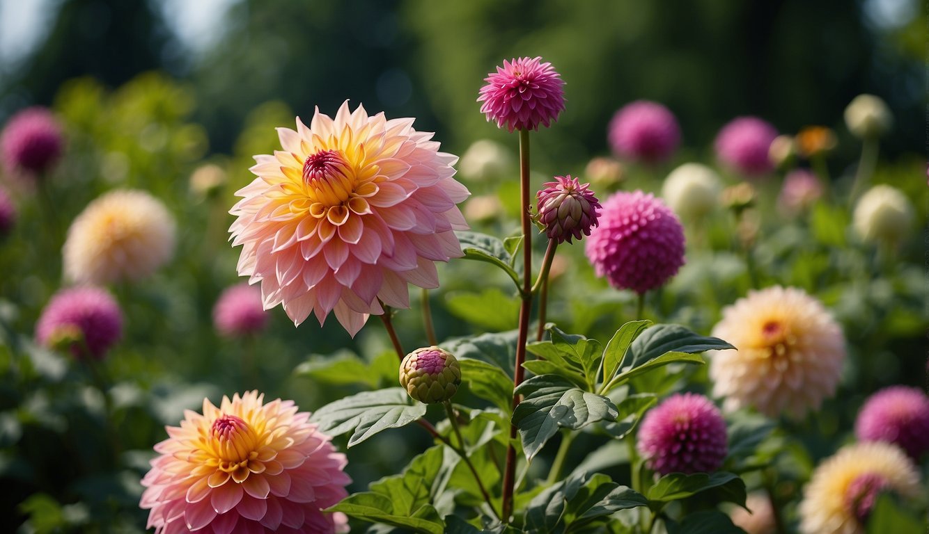 A towering tree dahlia stands in a garden, surrounded by lush green foliage.

The plant is vibrant and healthy, with large, showy flowers in full bloom
