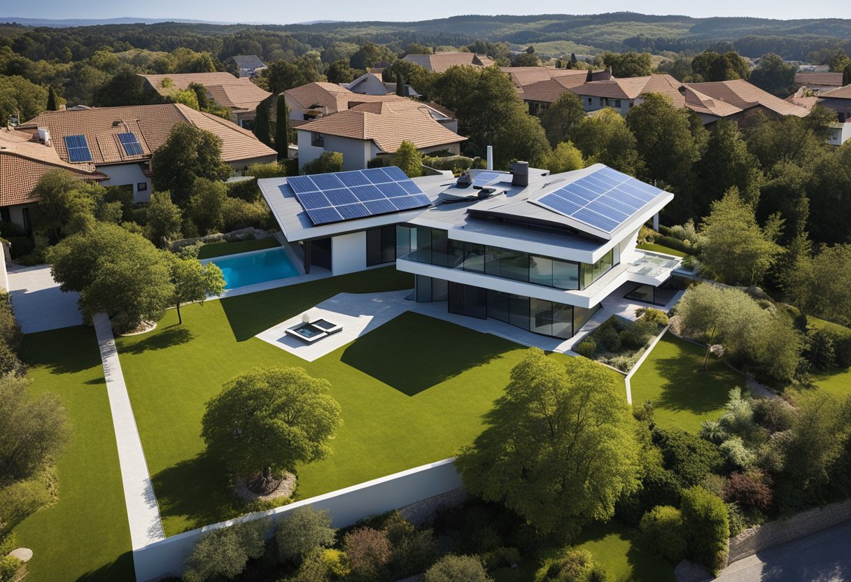 A drone hovers above a sleek, modern home, scanning its high-tech roofing materials and solar panels. The house stands out against a clear blue sky, showcasing the latest in sustainable and efficient building solutions