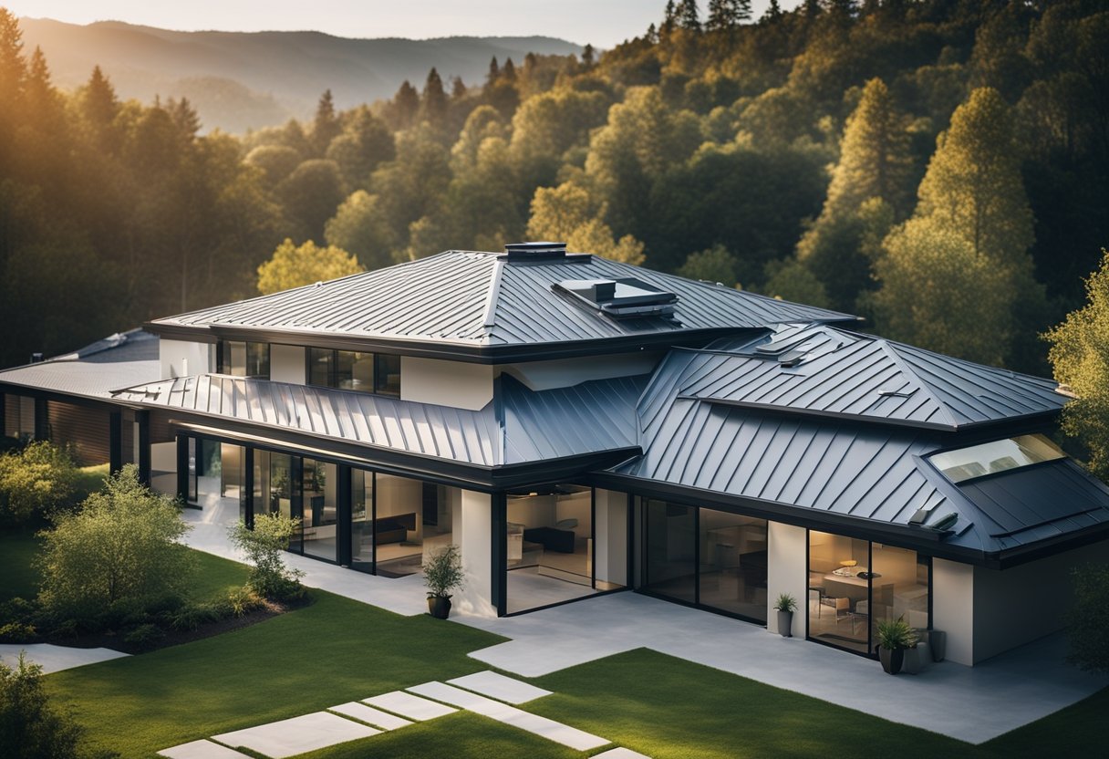 A modern home with high-tech roofing materials, showcasing innovation in the roofing industry. The materials are sleek, durable, and environmentally friendly