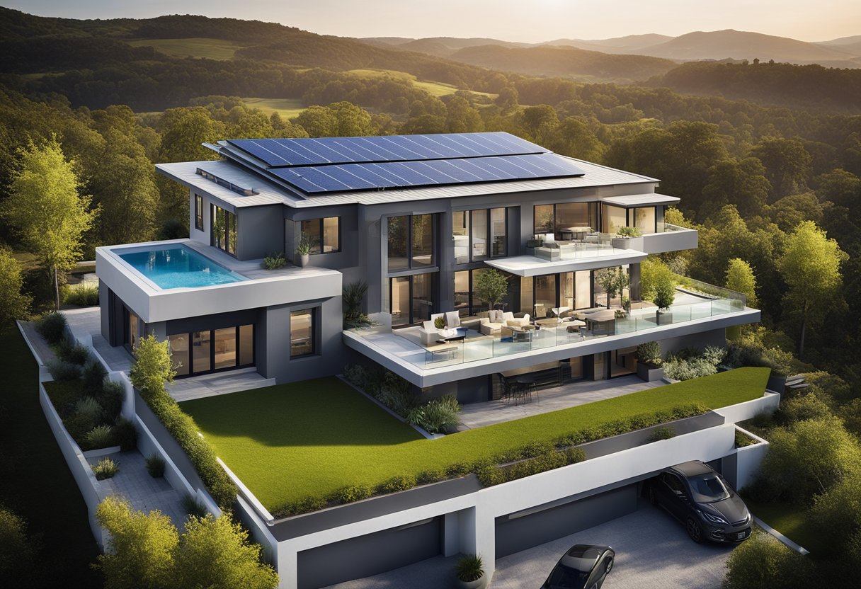 A modern home with advanced roofing technology, featuring solar panels, weather sensors, and energy-efficient materials