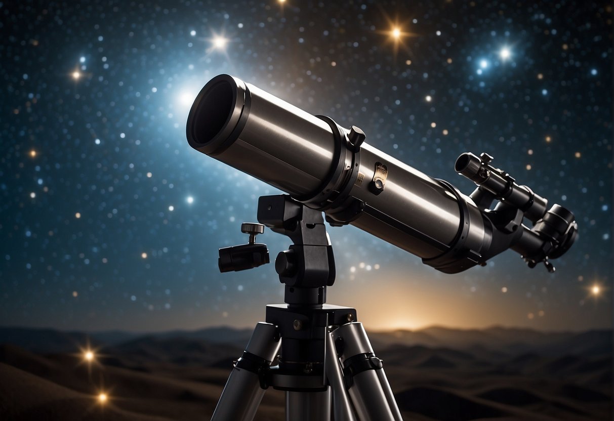 A telescope points towards the cosmos, capturing the glow of distant galaxies. A beam of light illuminates the mysterious forces of dark matter and dark energy, revealing their impact and legacy on the universe