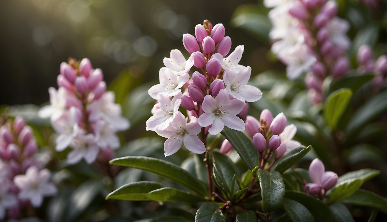 Daphne Odora blooms in a winter garden, surrounded by evergreen foliage.

Its pink and white flowers emit a sweet, intoxicating fragrance, attracting bees and butterflies