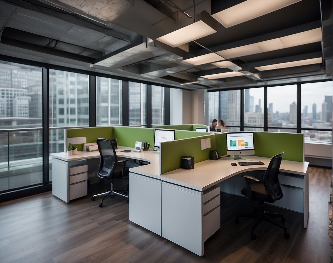 A modern office space with sleek technology and collaborative work areas, surrounded by vibrant city life and accessible public transportation