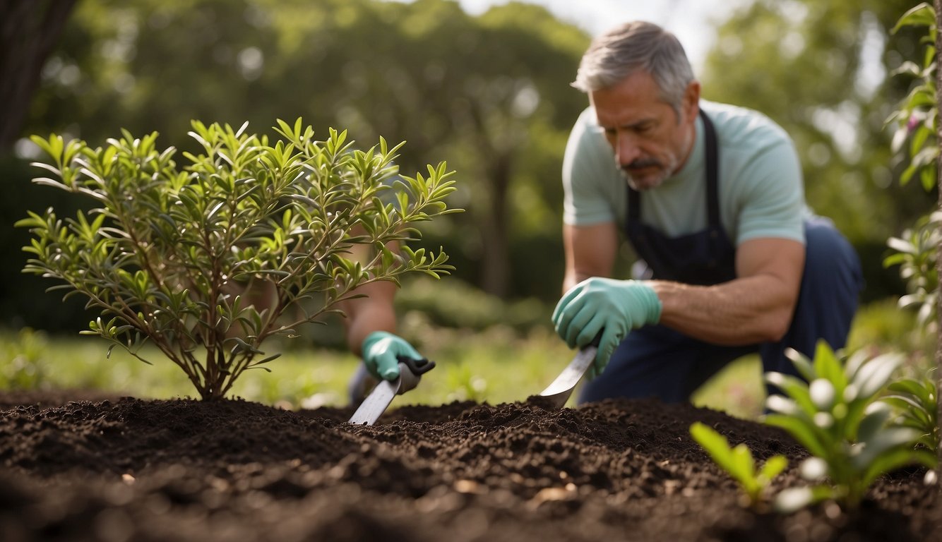 A gardener plants a Daphne Odora shrub in rich, well-draining soil, ensuring it receives partial shade and regular watering