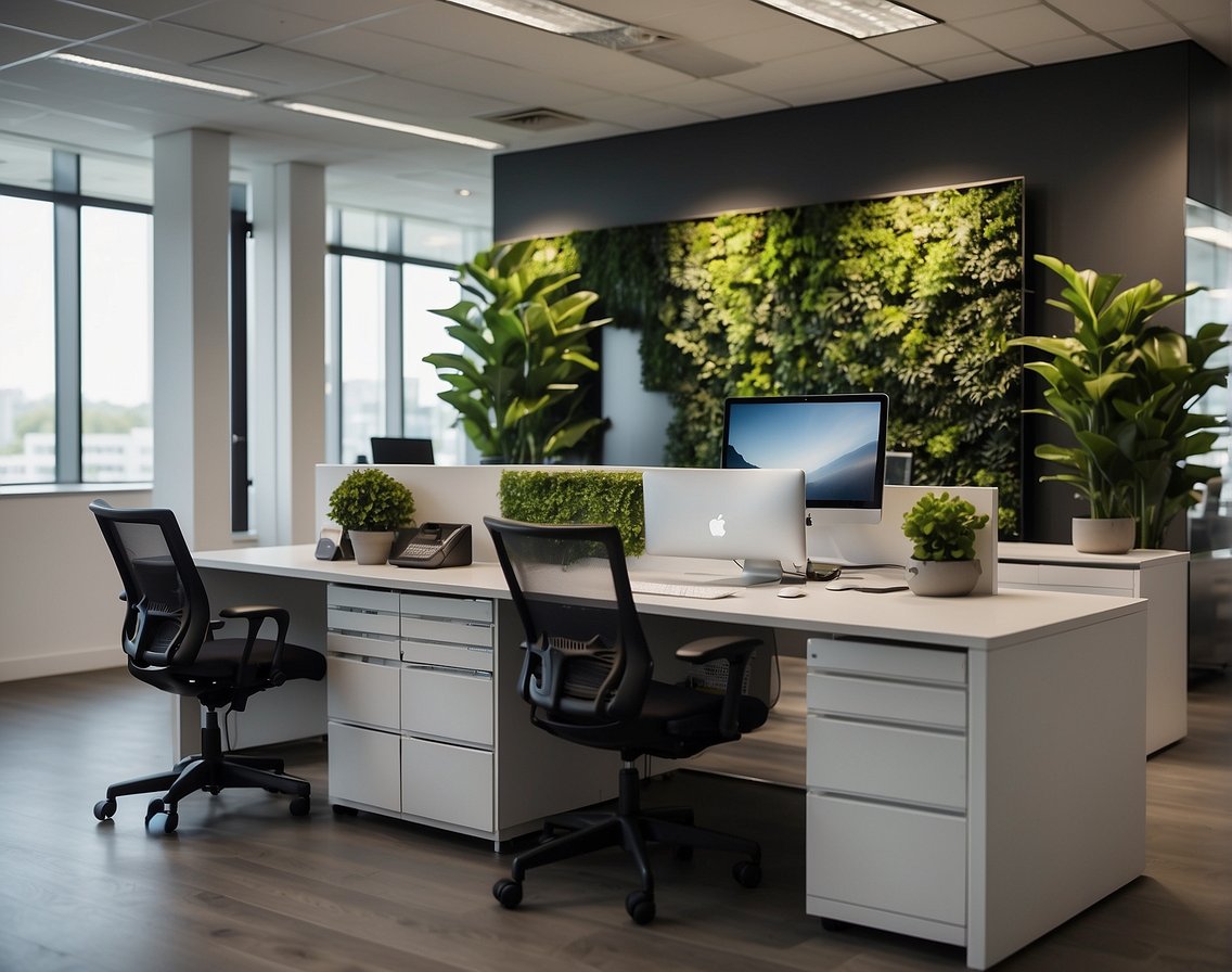 A modern office space with vibrant branding, tech-focused decor, and a welcoming atmosphere to attract new IT talent