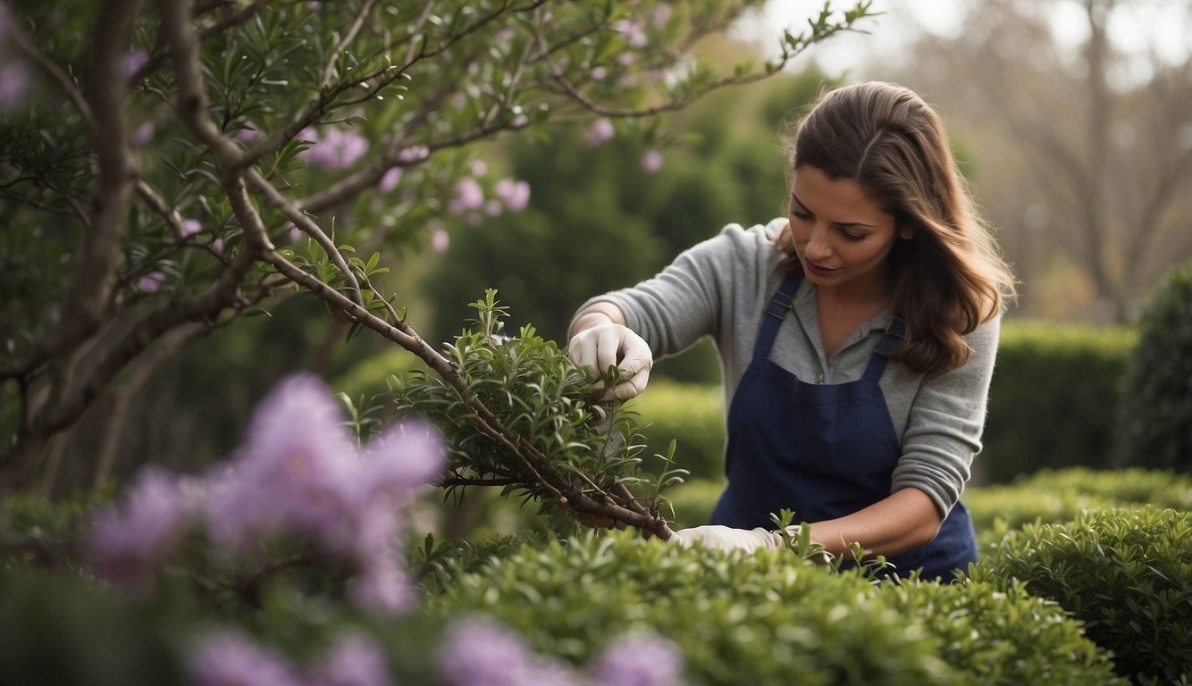 A gardener prunes Daphne Odora, removing dead leaves and shaping the bush.

A gentle breeze carries the fragrant scent of the winter blooms