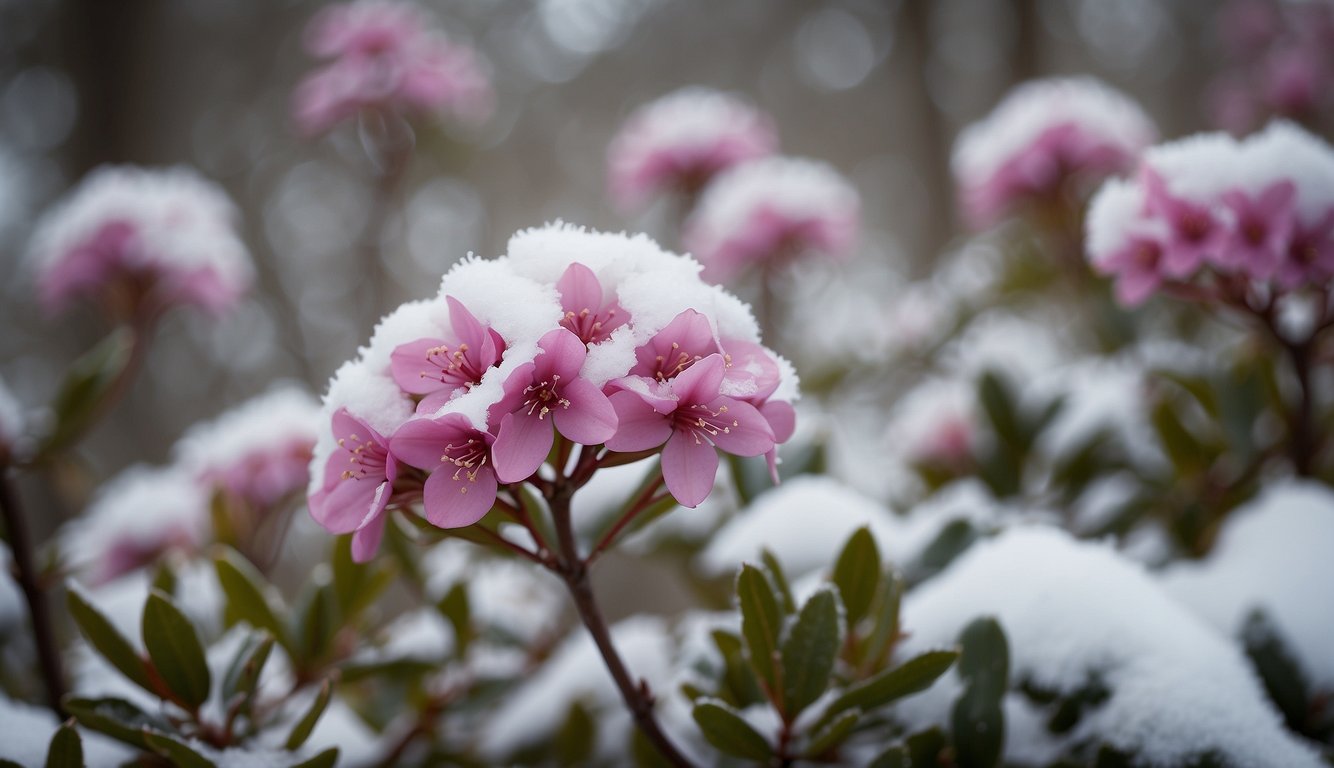 A garden with snow-covered ground, bare trees, and a vibrant Daphne Odora plant in bloom, emitting a sweet fragrance