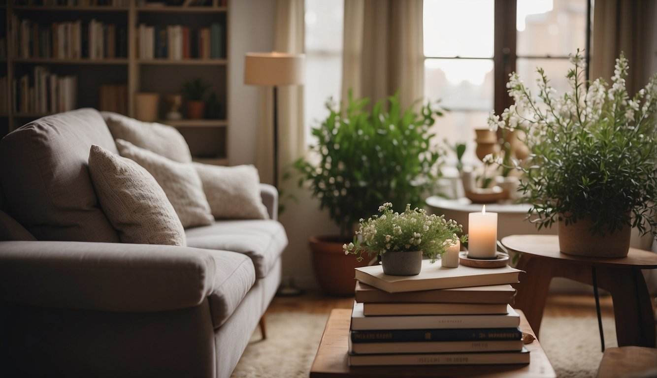 A cozy living room with a fireplace, a bookshelf filled with gardening books, and a blooming Daphne Odora plant on a side table
