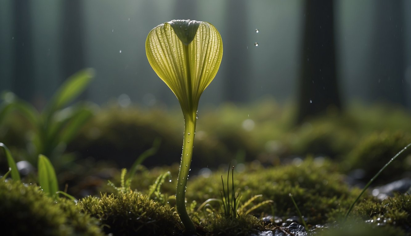 A cobra lily stands tall in a misty, moss-covered bog, its hooded pitcher glistening with droplets, capturing unsuspecting insects in its deadly trap