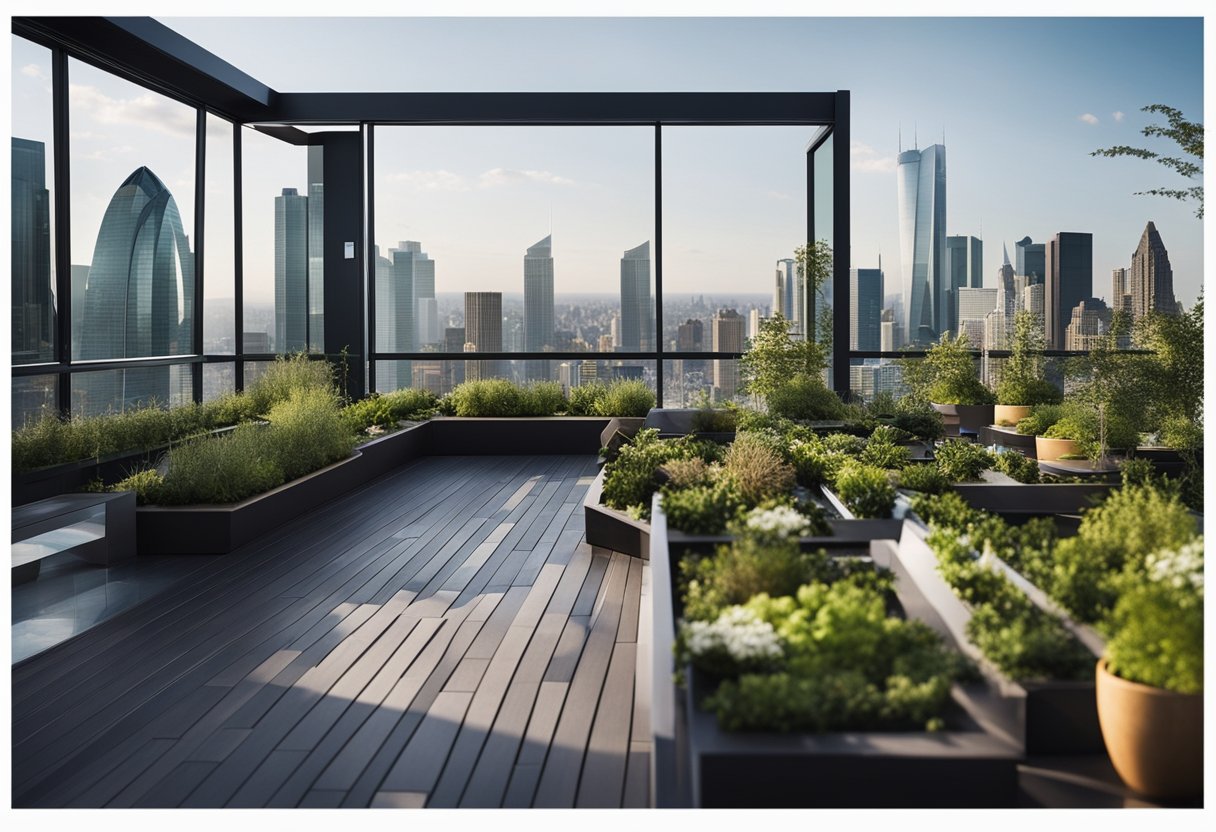 A sleek, modern rooftop garden with a glass-enclosed lounge area and a panoramic view of the city skyline