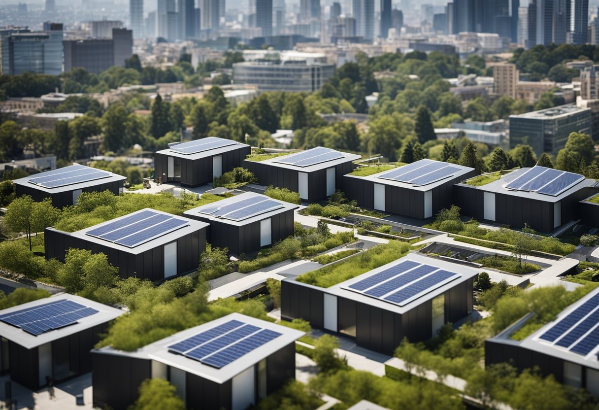 A modern city skyline with sleek, angular buildings featuring innovative roofing materials and designs. The roofs may include solar panels, green roofs, or other contemporary elements