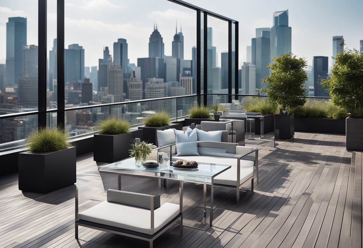 A sleek, modern rooftop terrace overlooks a bustling city skyline with clean lines and minimalist features. Glass and steel materials create a contemporary, urban aesthetic