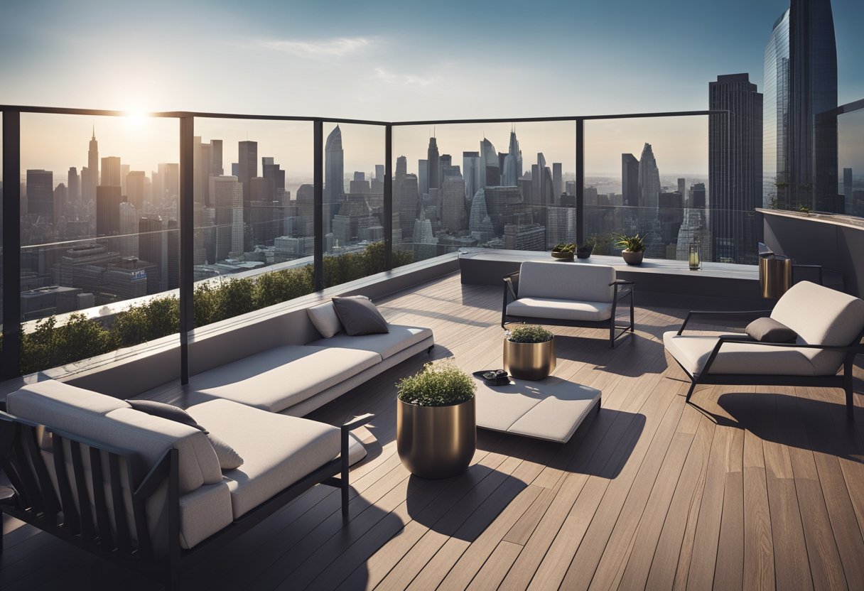 A sleek, modern rooftop terrace with clean lines and minimalist furniture overlooks a bustling city skyline, blending seamlessly with the urban landscape