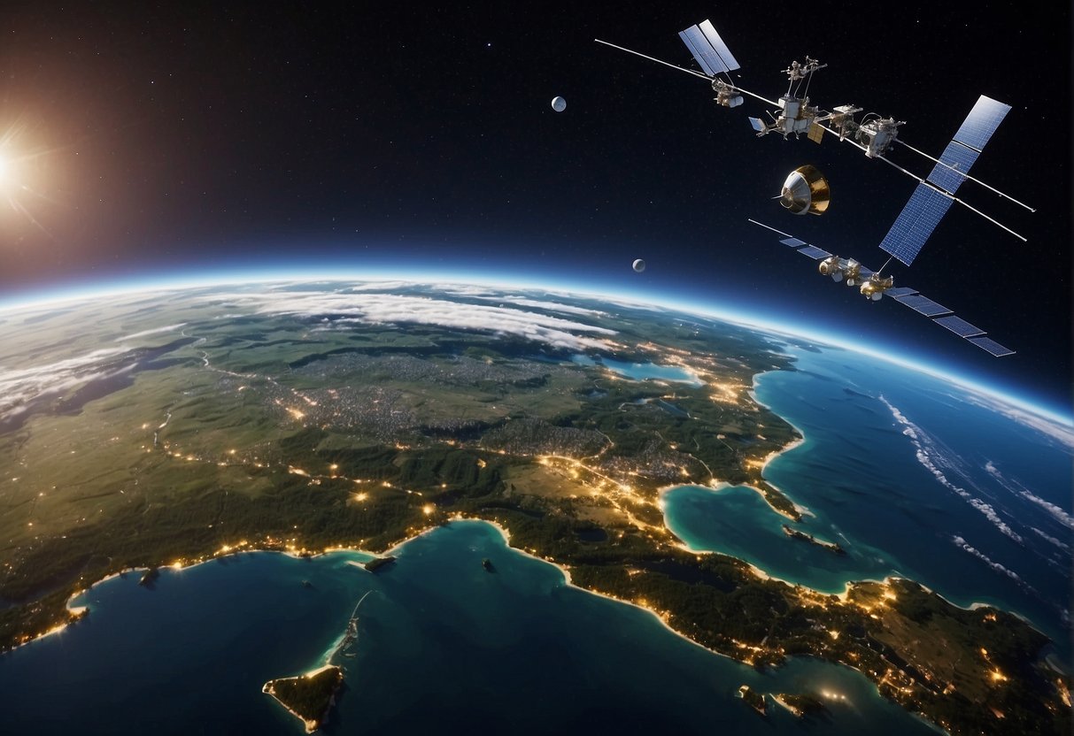 Satellites orbiting Earth, scanning land and sea for environmental changes. Europe's advanced technology in action, monitoring the planet from above